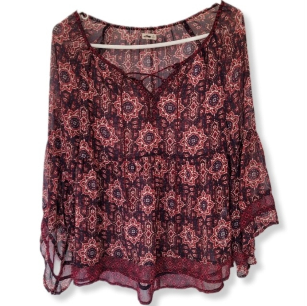 Hollister Blouse Sheer Loosefit Multicolor Red Print Long Sleeve Boho Si…